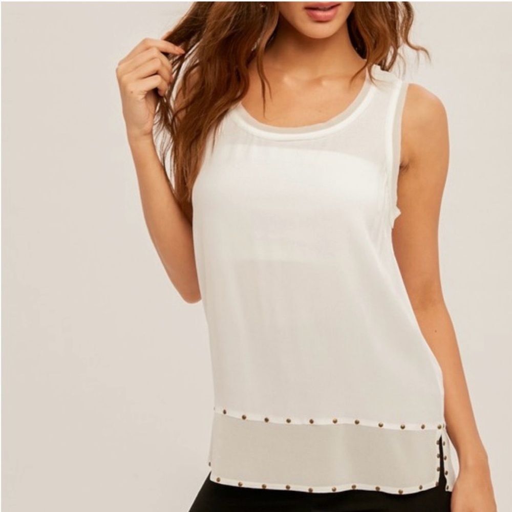 NWT Elegant Sheer White Sleeveless Top with Bronze Accents sz MED